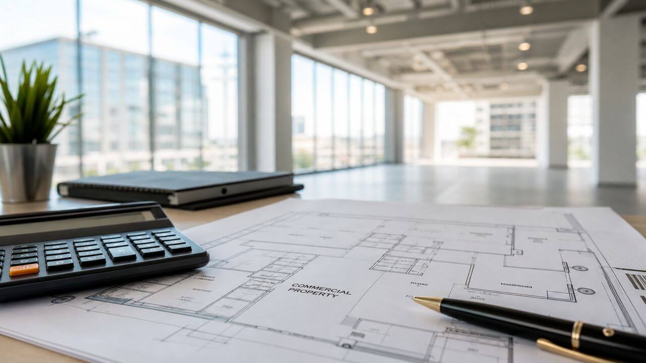 Certificados Energéticos | Guía 2026: Tasación de locales comerciales en Valencia Plano de propiedad comercial con calculadora y bolígrafo en un escritorio de oficina con grandes ventanales.
