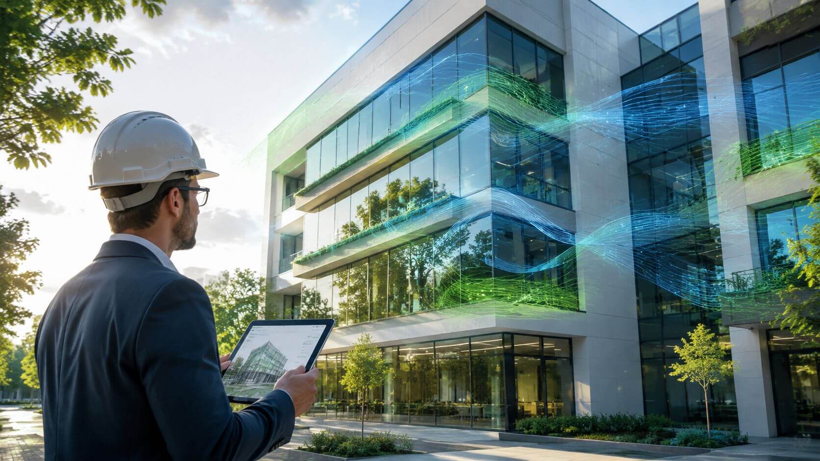 Certificados Energéticos | Dirección de obra en Valencia: Guía completa 2026 Un ingeniero con casco y tablet inspecciona un edificio moderno con visualizaciones digitales de eficiencia energética.