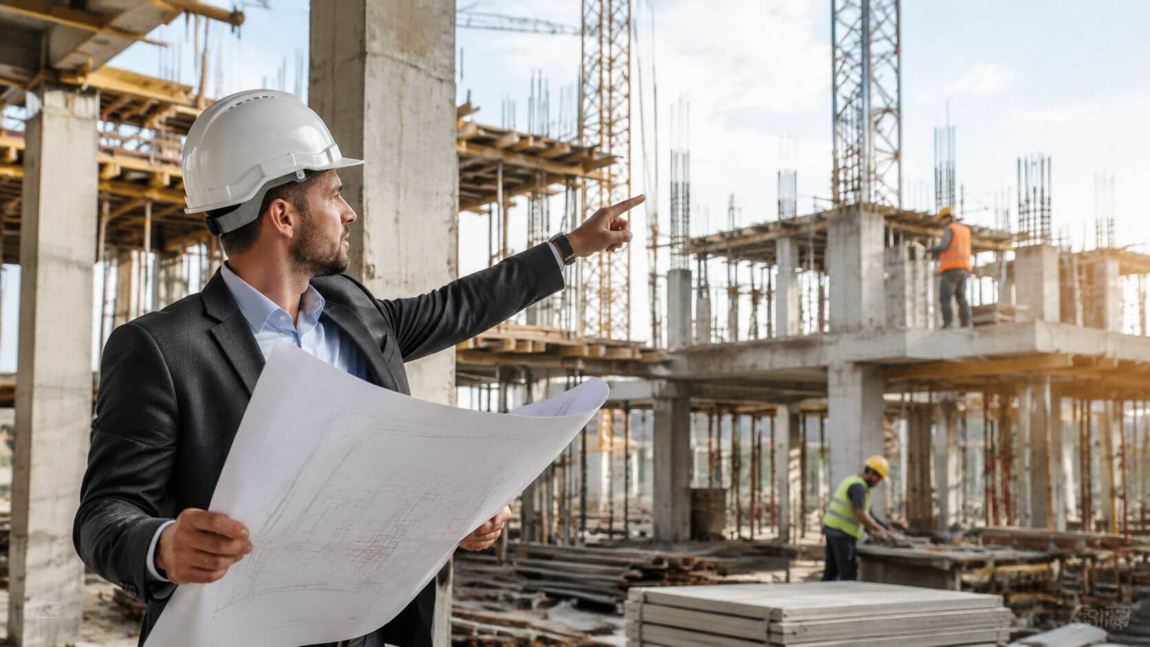 Certificados Energéticos | Dirección de obra en Valencia: Guía completa 2026 Un ingeniero civil con casco blanco y traje señala hacia una obra en construcción con planos.