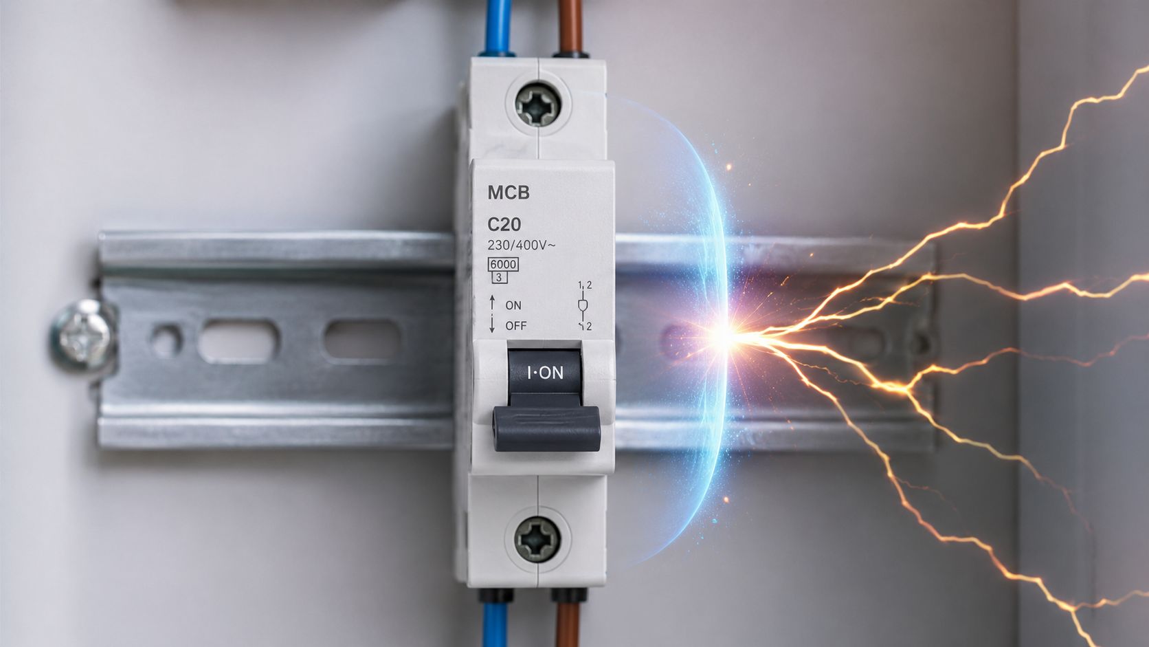 Certificados Energéticos | Diferencias entre Magnetotérmico y Diferencial: Guía 2026 Interruptor magnetotérmico C20 instalado en un carril DIN con efectos visuales de energía eléctrica brillante.