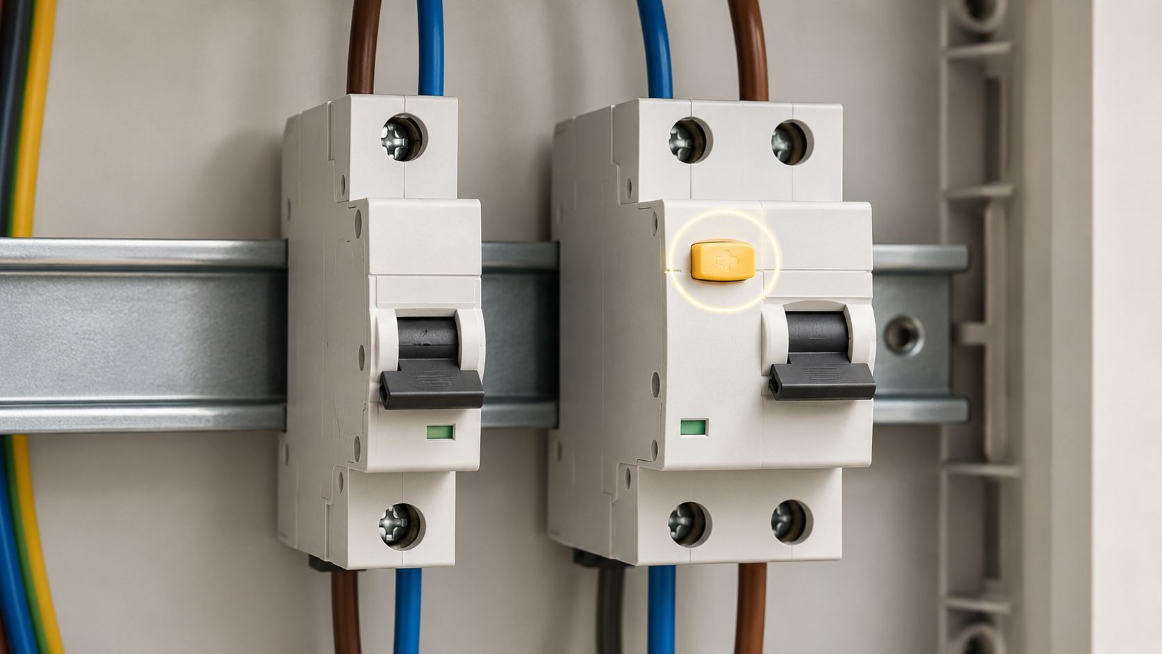 Certificados Energéticos | Diferencias entre Magnetotérmico y Diferencial: Guía 2026 Interruptores automáticos magnetotérmicos y diferencial montados sobre un riel DIN en un cuadro eléctrico residencial.