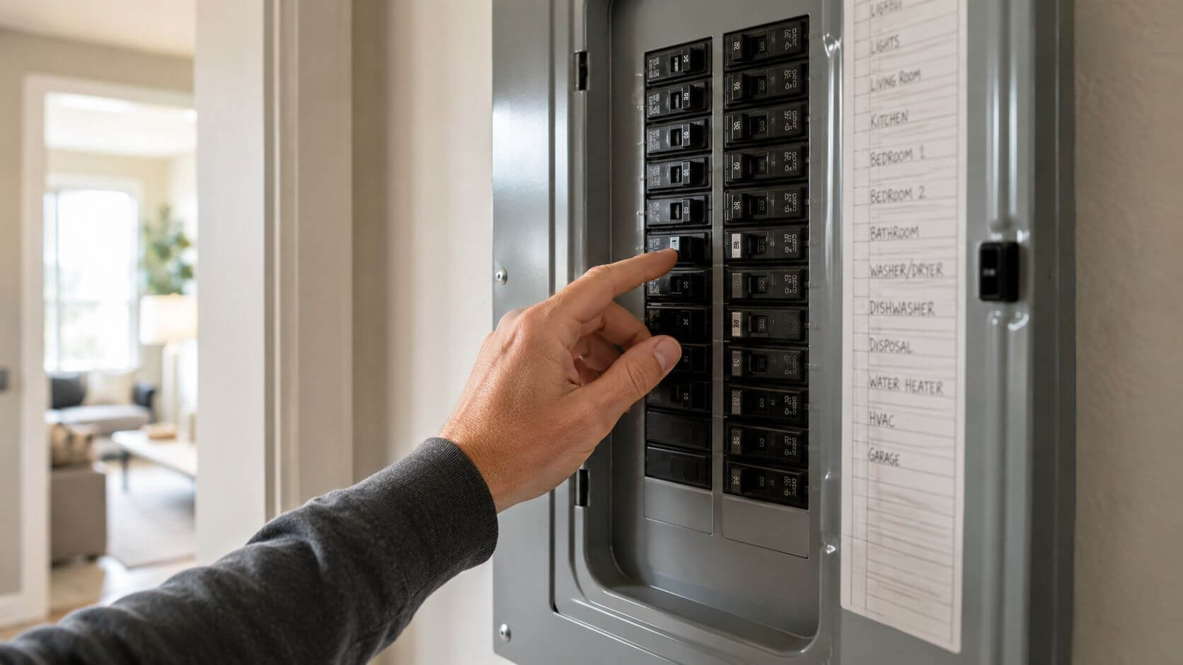 Certificados Energéticos | Diferencias entre Magnetotérmico y Diferencial: Guía 2026 Una mano humana activando un interruptor en un cuadro eléctrico doméstico para restablecer la energía eléctrica.