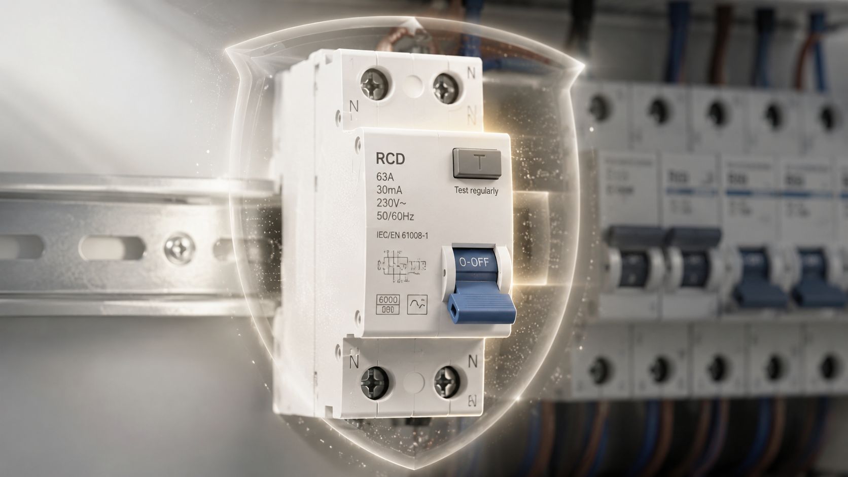 Certificados Energéticos | Diferencias entre Magnetotérmico y Diferencial: Guía 2026 Interruptor diferencial eléctrico montado sobre un carril DIN en un cuadro de distribución de energía eléctrica.
