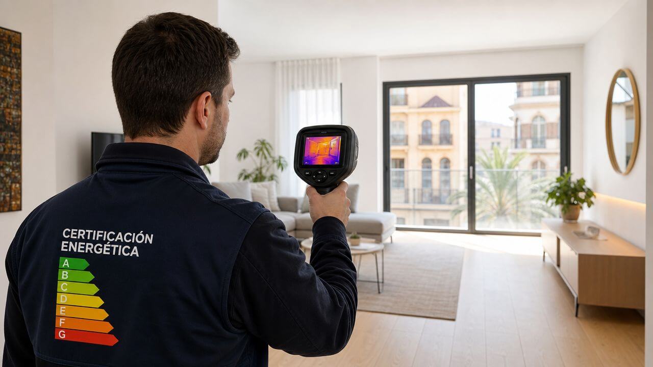 Certificados Energéticos | Cota y alejamiento: Claves del CEE en Valencia 2026 Un técnico realiza una auditoría de eficiencia energética en un apartamento moderno usando una cámara térmica profesional.