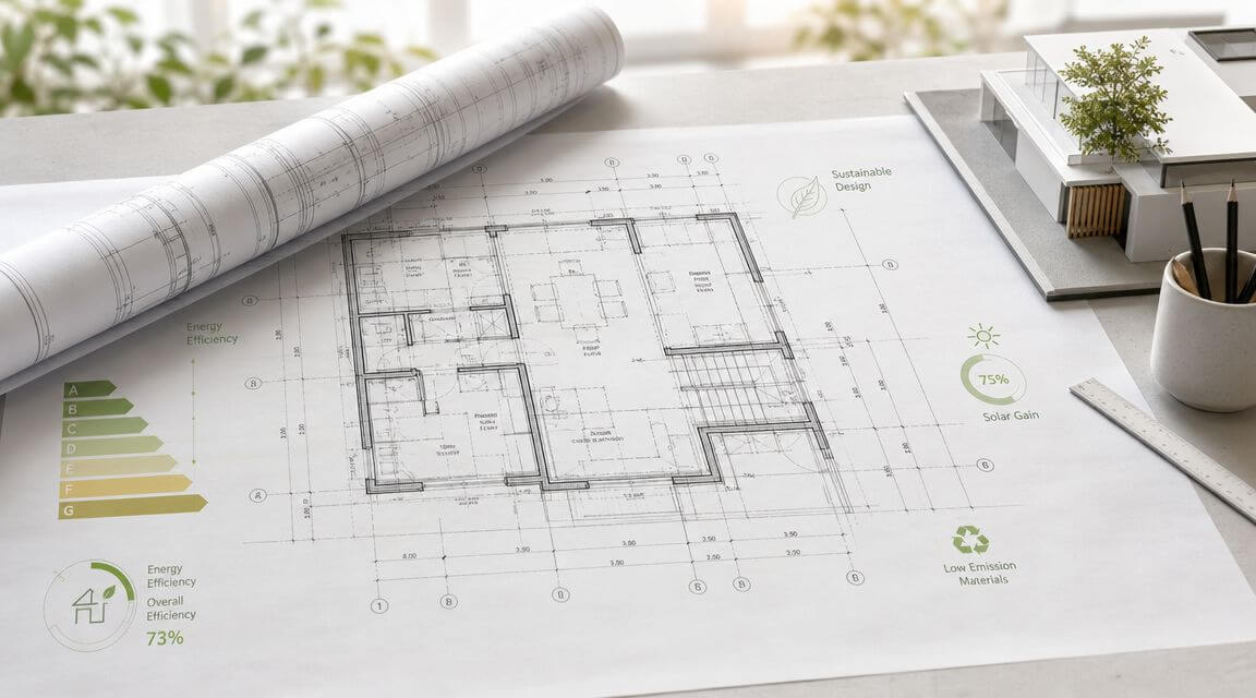 Certificados Energéticos | Cota y alejamiento: Claves del CEE en Valencia 2026 Planos arquitectónicos sobre una mesa con un modelo de casa pequeña y herramientas de dibujo.