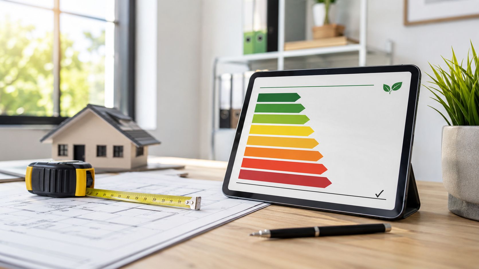 Certificados Energéticos | Certificado Energético Jerez Tableta con gráfico de eficiencia energética junto a una maqueta de casa, cinta métrica y planos arquitectónicos.