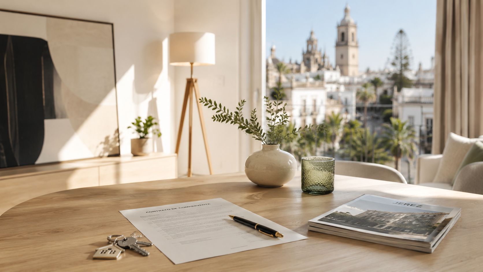 Certificados Energéticos | Certificado Energético Jerez Documento de contrato de compraventa y llaves sobre una mesa con vistas a la catedral de Jerez.