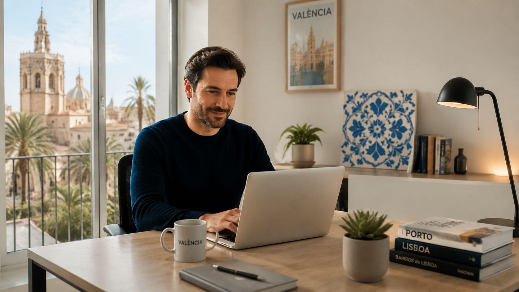 Certificados Energéticos | Certificado energético Portugal: Guía y gestión 2026 Hombre trabajando en un portátil frente a una ventana con vistas a la ciudad de Valencia.