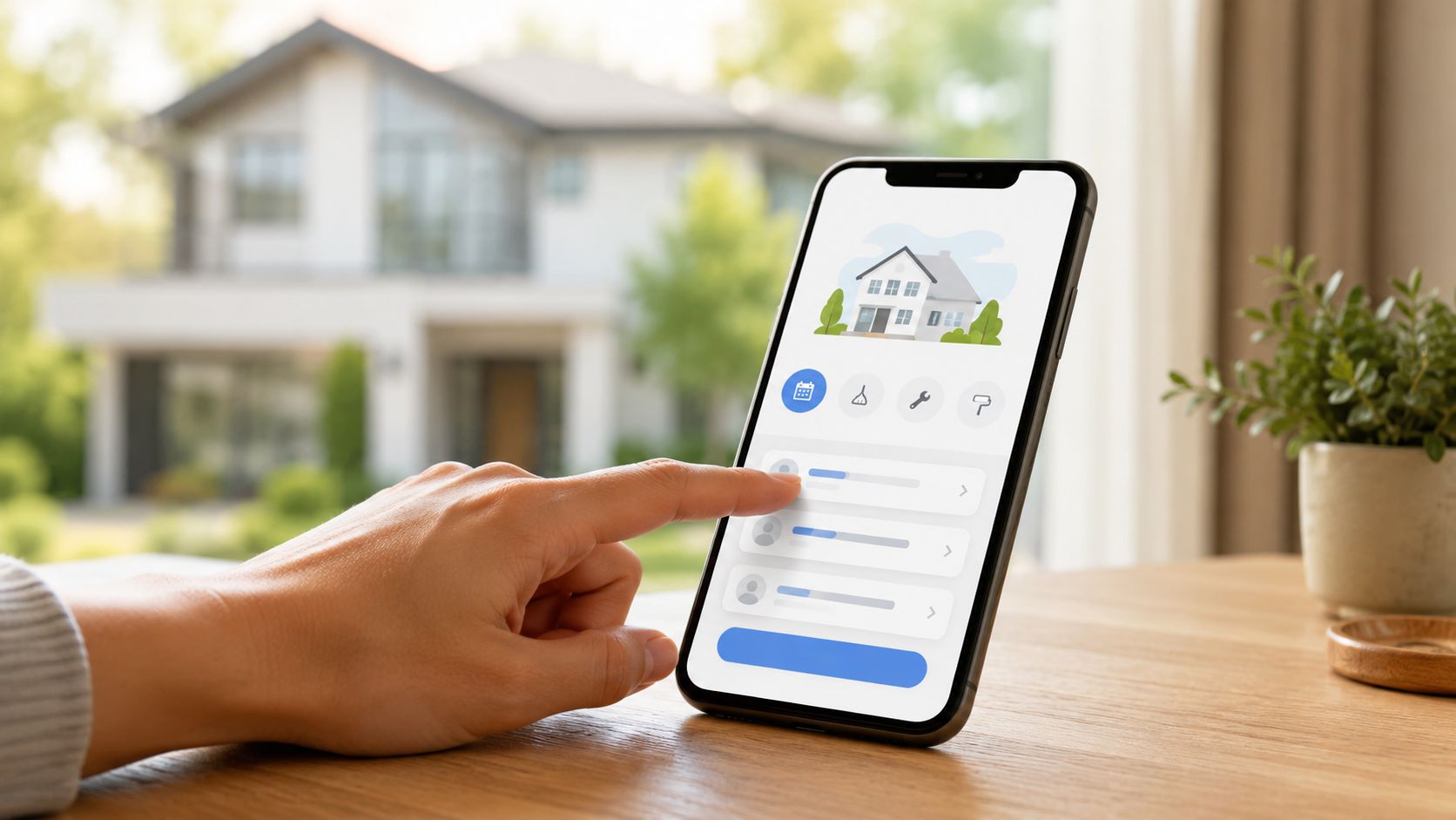 Certificados Energéticos | Certificado energético Zamora: Tu guía completa en 24h Una mano interactuando con una aplicación móvil de gestión de mantenimiento del hogar en un smartphone.