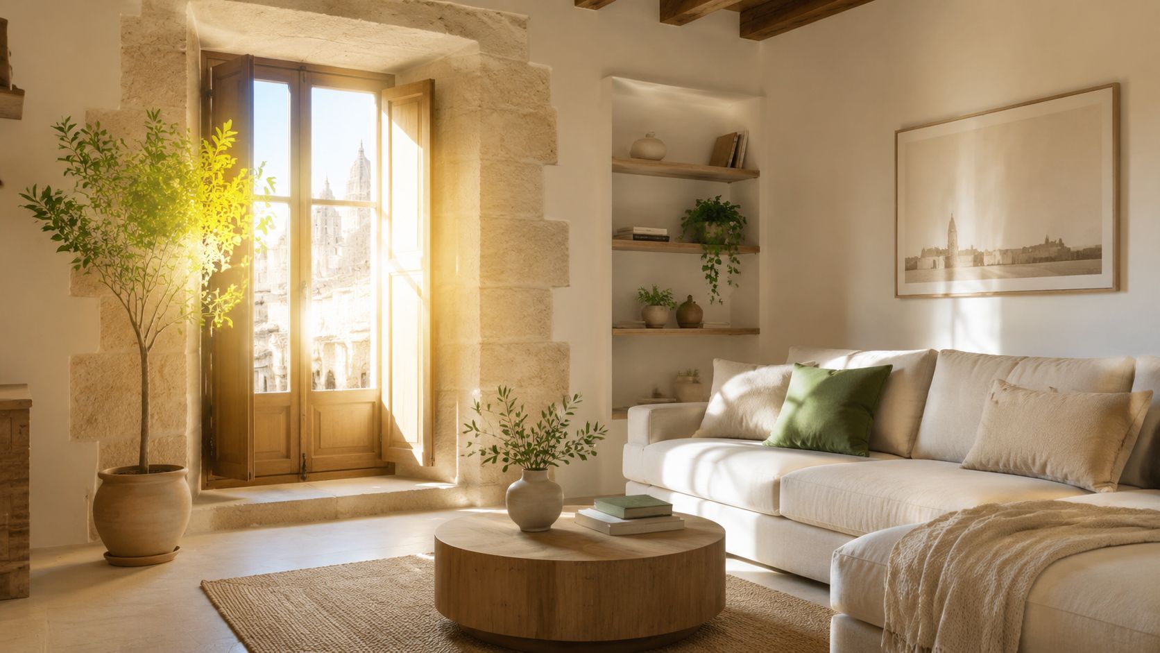Certificados Energéticos | Certificado energético Zamora: Tu guía completa en 24h Sala de estar mediterránea luminosa con muebles neutros, plantas y una vista panorámica soleada a través de la ventana.