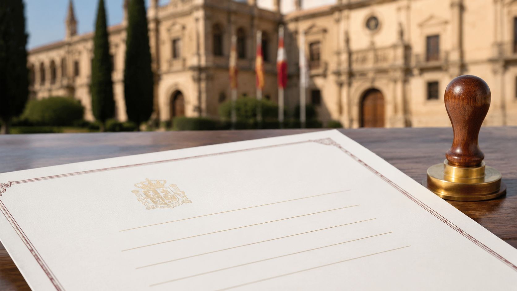 Certificados Energéticos | Certificado energético Zamora: Tu guía completa en 24h Un certificado energético en blanco con un sello oficial sobre una mesa ante un edificio histórico.