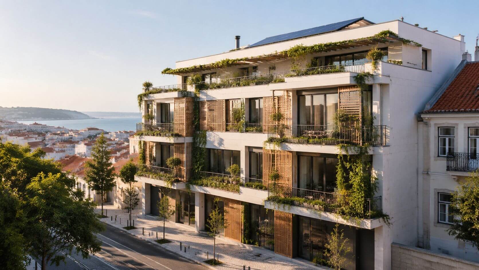 Certificados Energéticos | Certificado energético Portugal: Guía y gestión 2026 Moderno edificio residencial con vegetación y paneles solares ubicado en una calle soleada de Portugal con vistas.