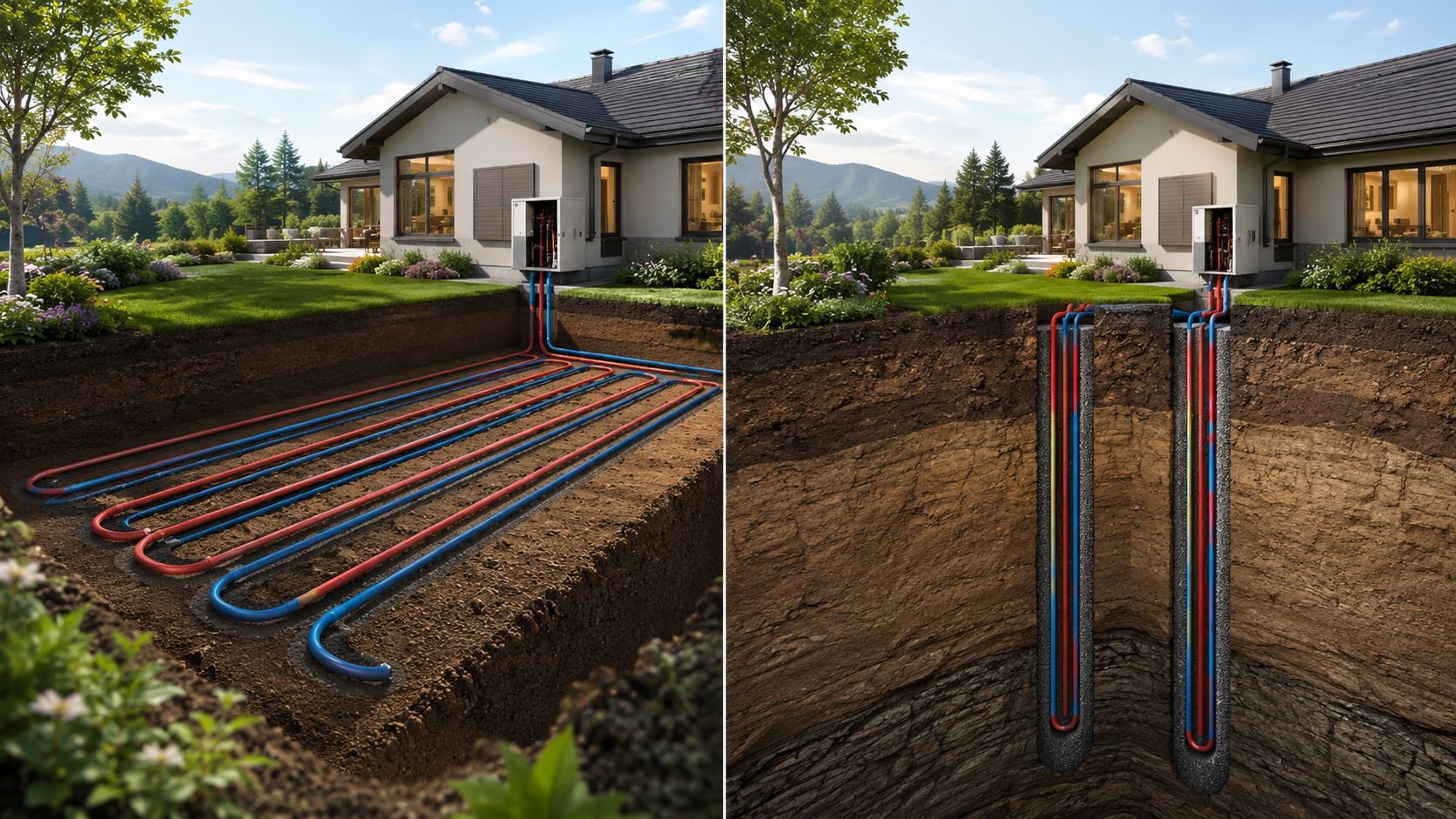 Certificados Energéticos | Geotermia Vivienda: Tu guía completa para Valencia 2026 Representación visual de dos sistemas de calefacción por geotermia instalados bajo una vivienda unifamiliar moderna.