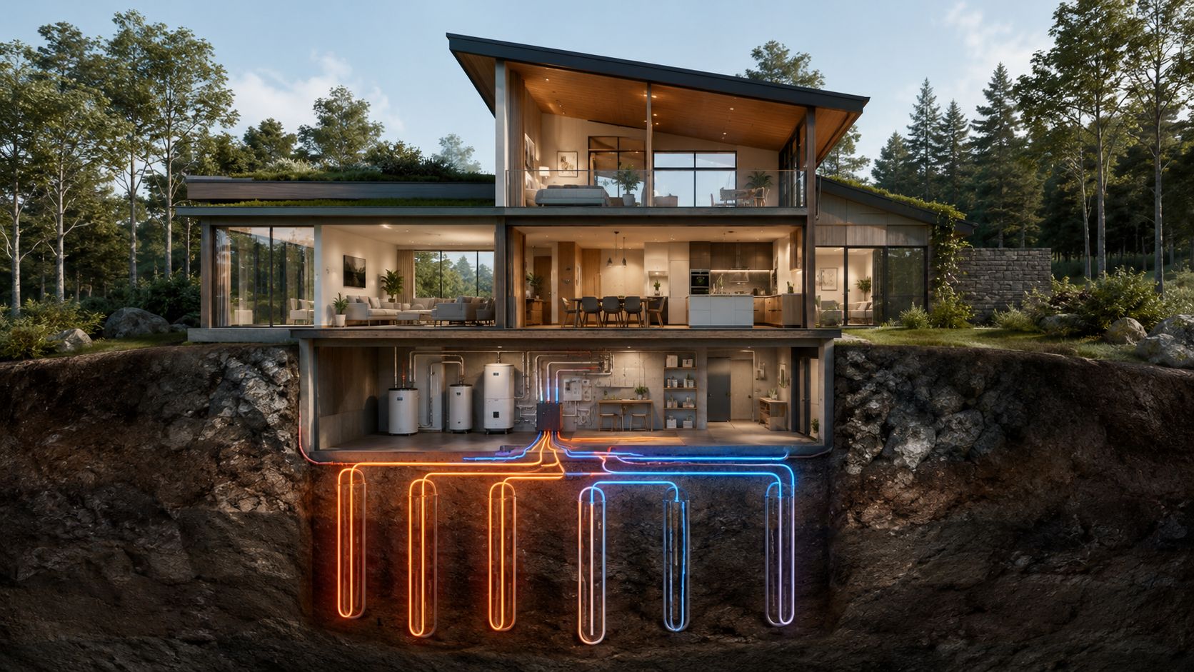 Certificados Energéticos | Geotermia Vivienda: Tu guía completa para Valencia 2026 Sección transversal de una casa moderna con sistema de calefacción geotérmica instalado bajo tierra en el suelo.