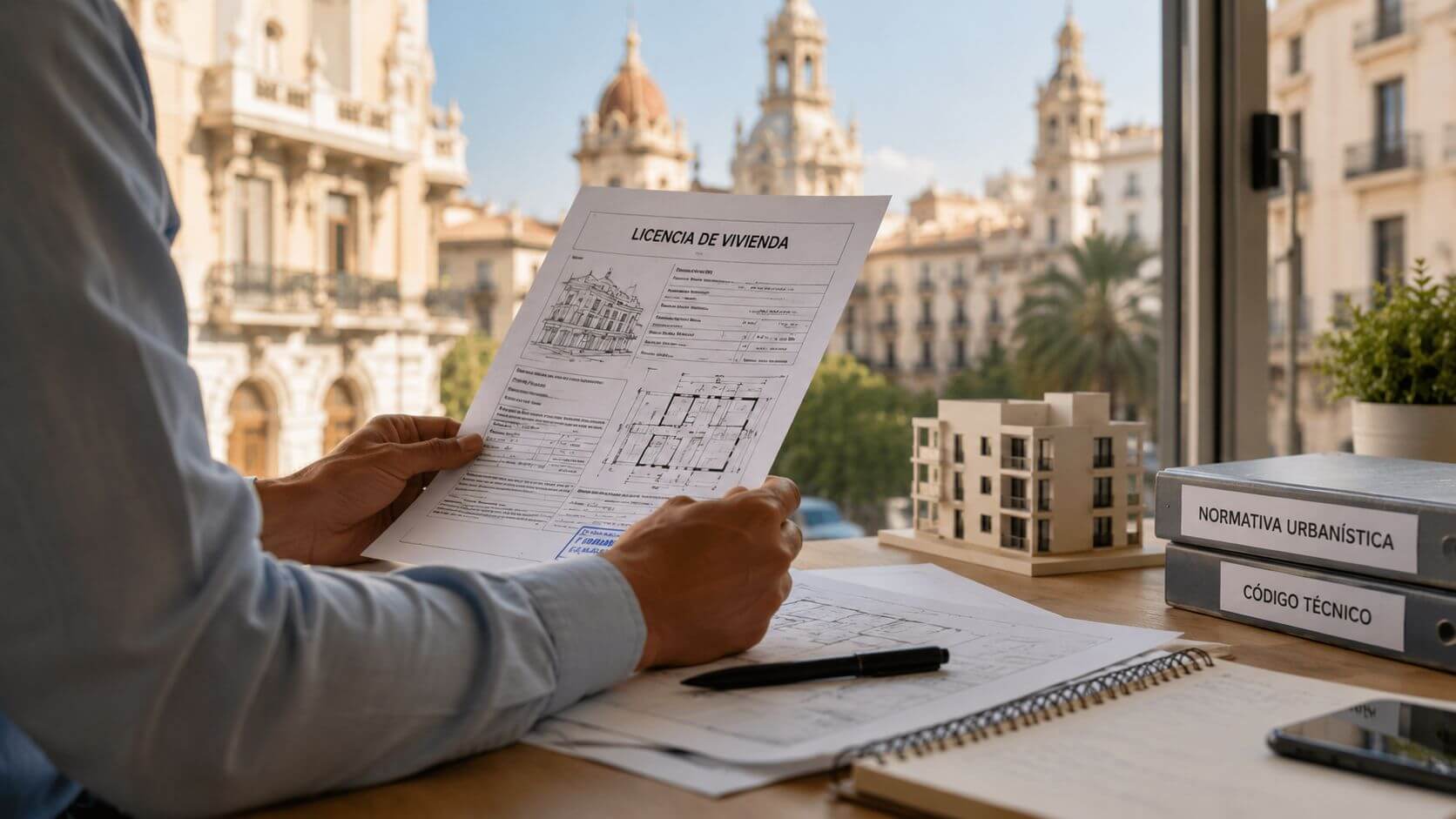 Certificados Energéticos | Todo sobre la Cedula de Habitabilidad Madrid en 2026 Un profesional revisa una licencia de vivienda en una oficina luminosa con arquitectura urbana al fondo.