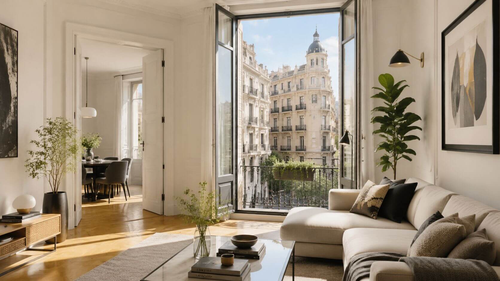 Certificados Energéticos | Todo sobre la Cedula de Habitabilidad Madrid en 2026 Una elegante sala de estar con balcón francés, vistas a edificios clásicos europeos y decoración contemporánea luminosa.
