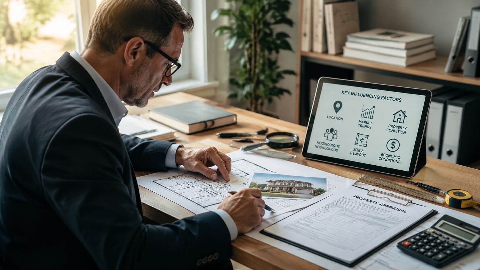 Certificados Energéticos | Descubre cuanto cuesta una Tasación en Valencia Un tasador profesional trabajando en una oficina con planos de construcción y una tableta digital mostrando información.