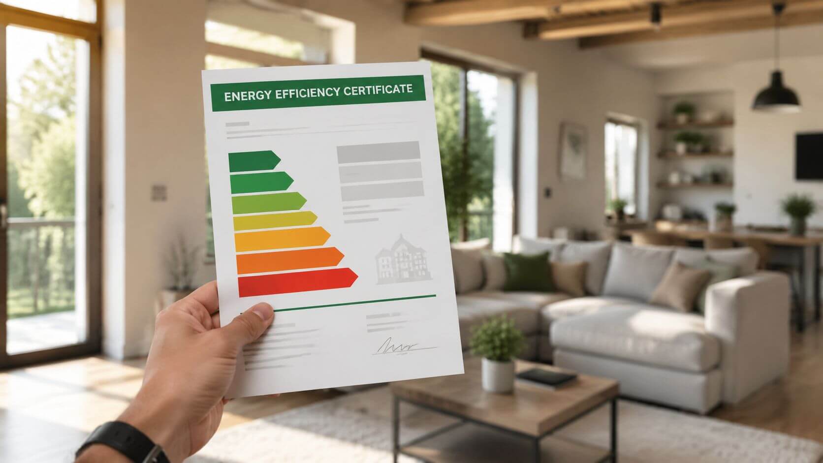 Certificados Energéticos | Descubre cuanto cuesta una Tasación en Valencia Una mano sosteniendo un certificado de eficiencia energética frente a una sala de estar moderna y luminosa.