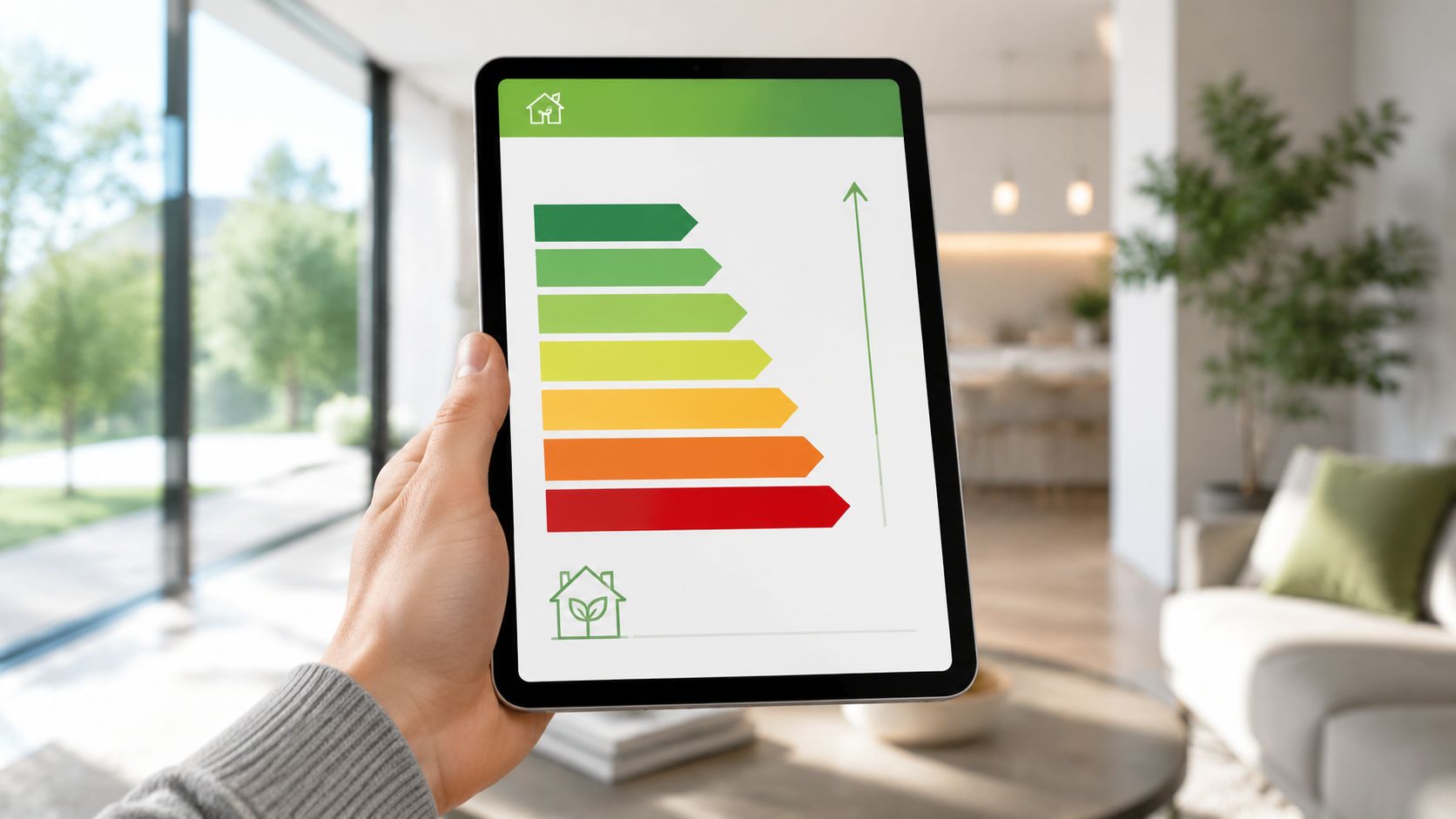 Certificados Energéticos | Accede al Fondo Nacional de Eficiencia Energética 2026 Una mano sosteniendo una tableta mostrando un gráfico de calificación de eficiencia energética para el hogar inteligente.