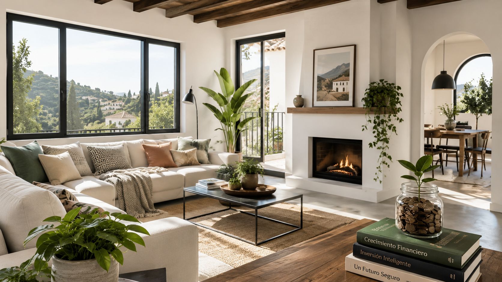 Certificados Energéticos | Accede al Fondo Nacional de Eficiencia Energética 2026 Una sala de estar luminosa con decoración moderna, vista al paisaje y chimenea de estilo mediterráneo.
