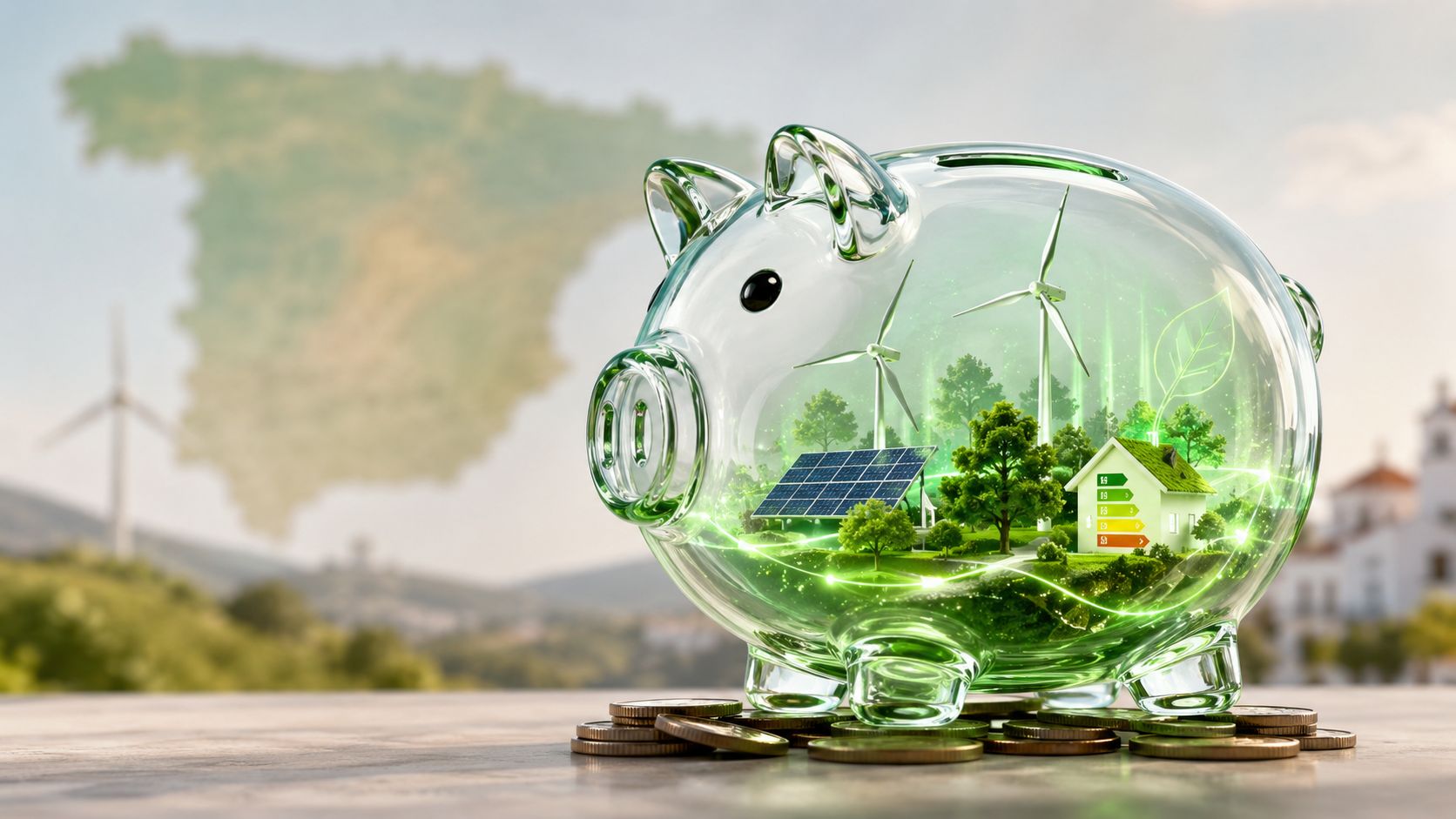 Certificados Energéticos | Accede al Fondo Nacional de Eficiencia Energética 2026 Una hucha de cristal transparente que contiene una representación de sostenibilidad, energía solar y eólica sobre monedas.