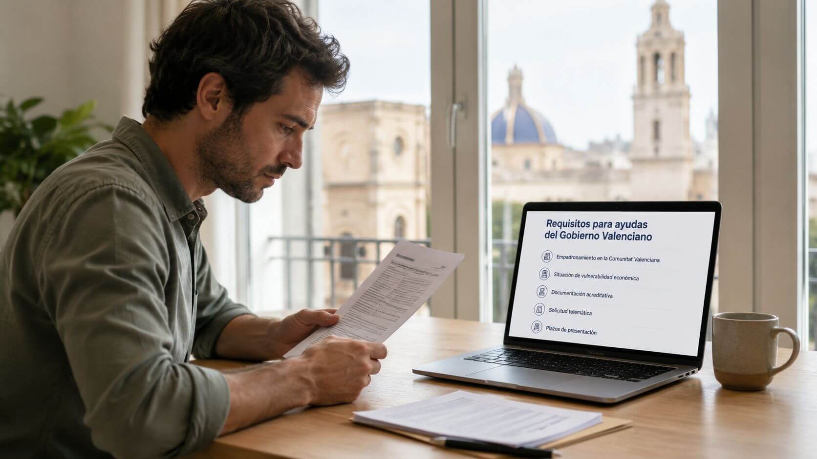 Certificados Energéticos | Fondos Next Generation para particulares: Guía 2026 Hombre sentado frente a un portátil revisando documentos para solicitar ayudas del Gobierno Valenciano en su oficina.