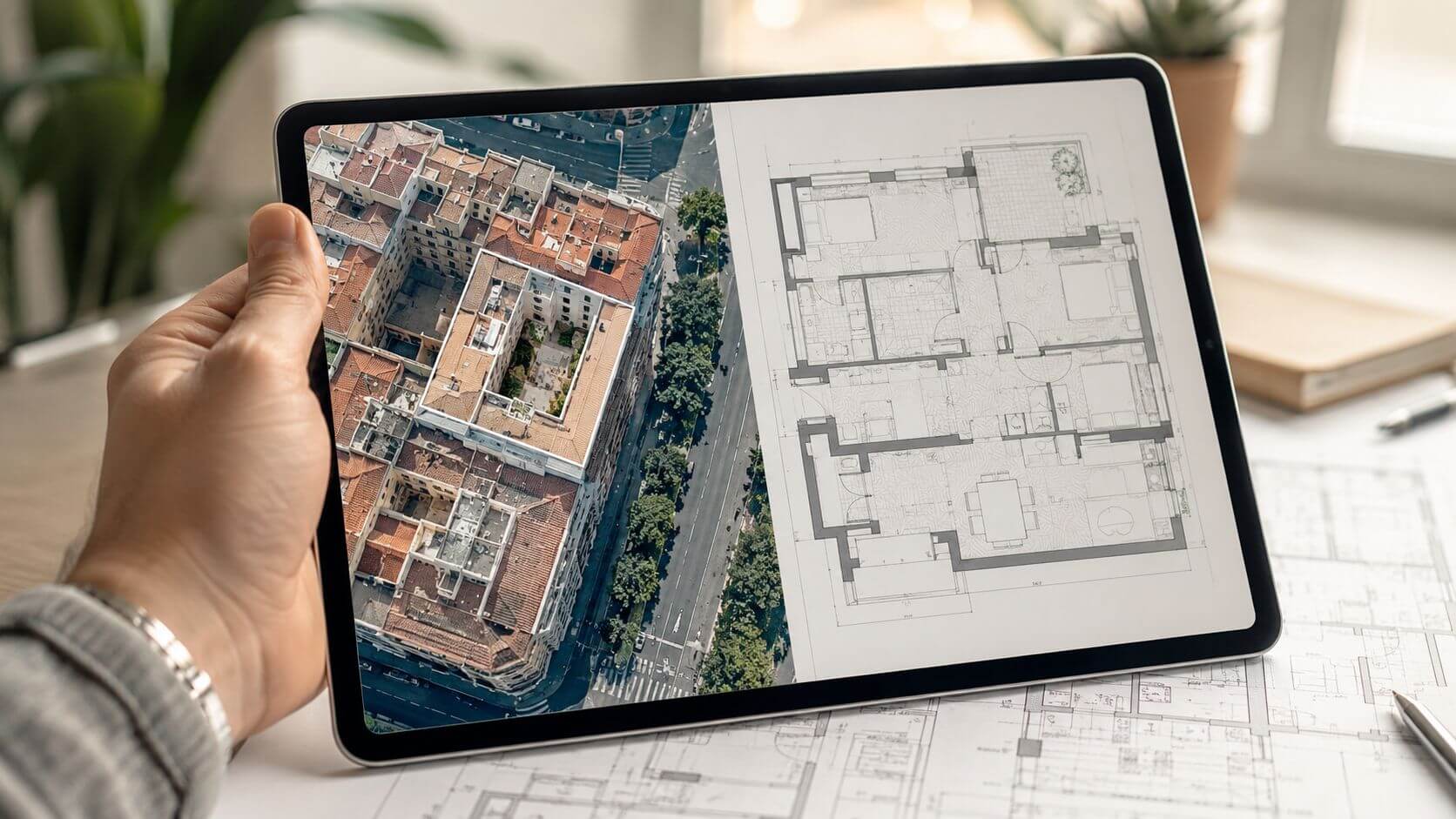 Certificados Energéticos | Planos y mapas para tu CEE: Guía completa Valencia 2026 Una mano sostiene una tableta mostrando una vista aérea y los planos arquitectónicos de un edificio urbano.