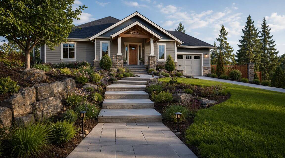 Certificados Energéticos | Parcela construida Sin división horizontal Una hermosa casa de estilo artesano con un jardín bien cuidado, escaleras de piedra y entrada pavimentada.