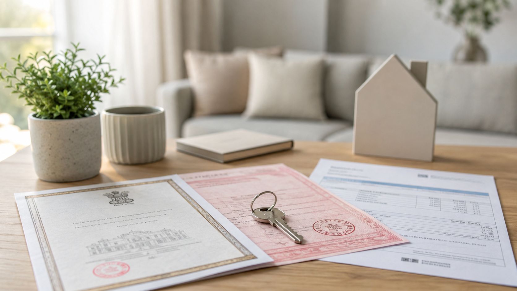 Certificados Energéticos | Guía 2026: Tramites para Vender un piso entre particulares Documentos legales de propiedad de una vivienda, llaves y una maqueta de casa sobre una mesa.