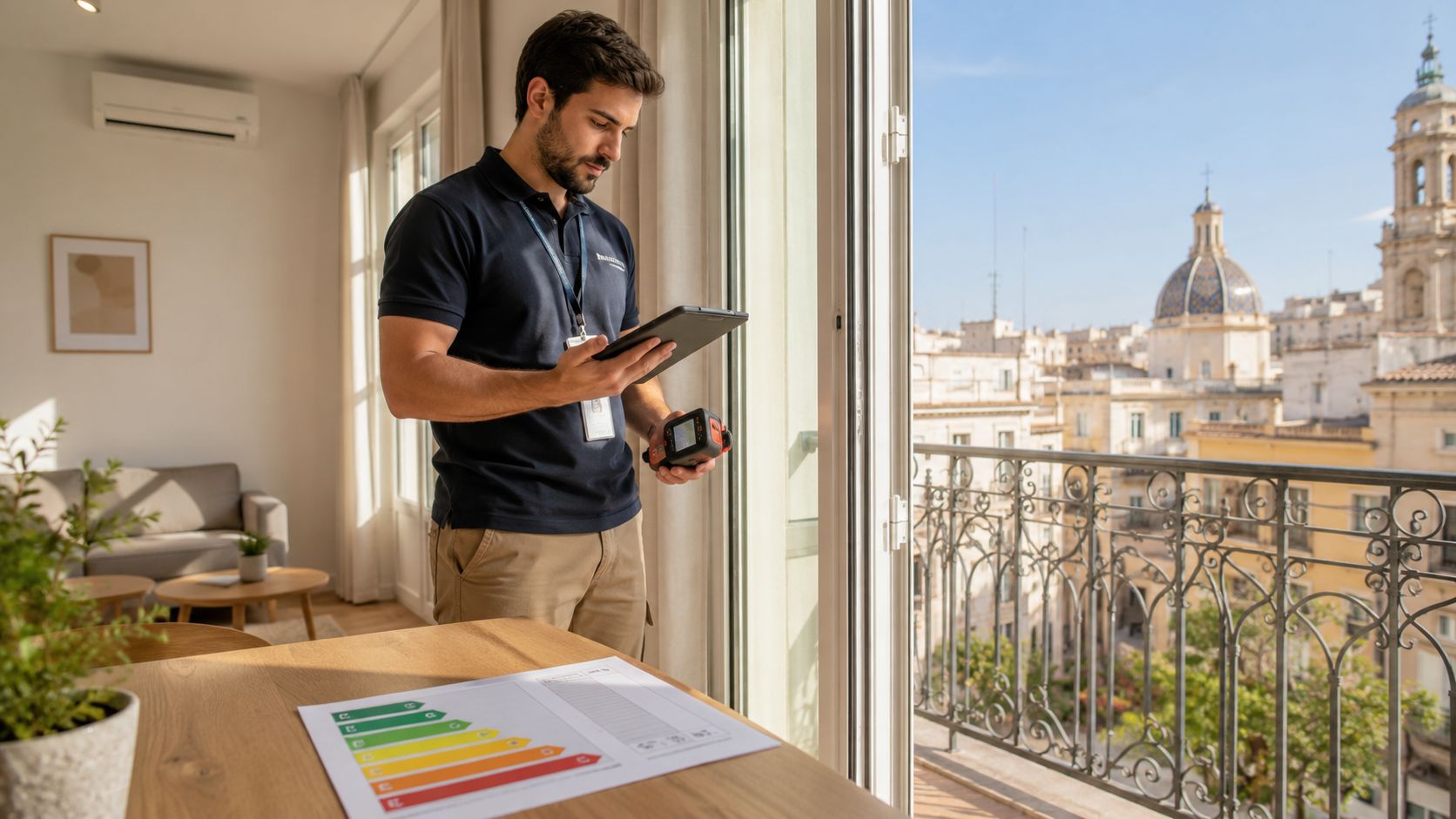 Certificados Energéticos | Guía 2026: Tramites para Vender un piso entre particulares Un técnico inmobiliario realiza una inspección energética de una vivienda mientras sostiene una tableta junto a la ventana.