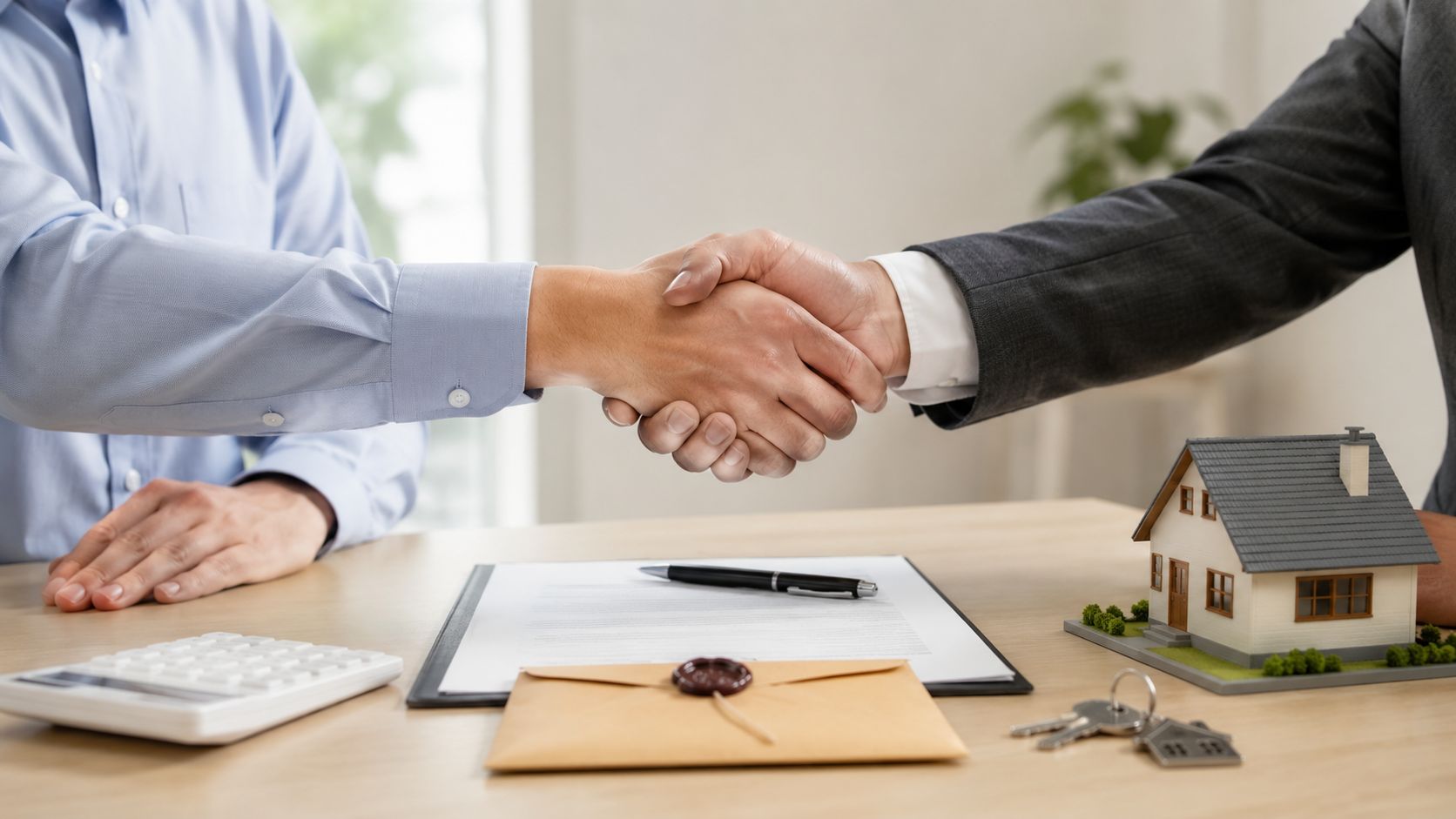 Certificados Energéticos | Guía 2026: Tramites para Vender un piso entre particulares Dos personas sellando un acuerdo de compraventa de una casa mediante un apretón de manos formal.
