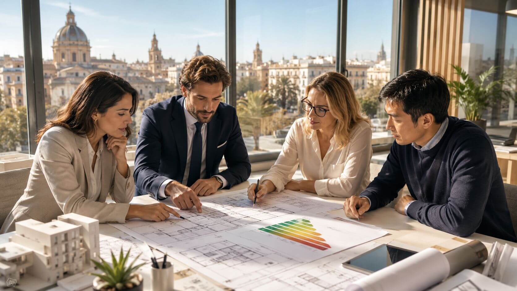 Certificados Energéticos | Abogado Inmobiliario Valencia: Guía completa 2026 Cuatro profesionales revisan planos arquitectónicos y gráficos de eficiencia energética en una oficina luminosa y moderna.