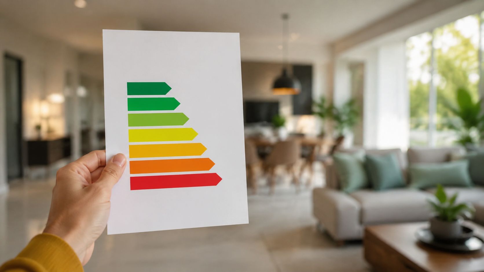Certificados Energéticos | Comisión de la Inmobiliaria en la venta en Valencia Una mano sosteniendo una hoja con un gráfico de calificación de eficiencia energética para una vivienda.