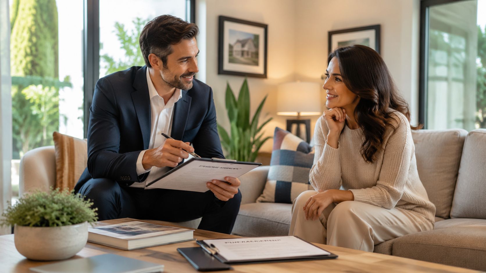 Certificados Energéticos | Comisión de la Inmobiliaria en la venta en Valencia Un agente inmobiliario sonriente explica un contrato de venta a una clienta sentada en un sofá.