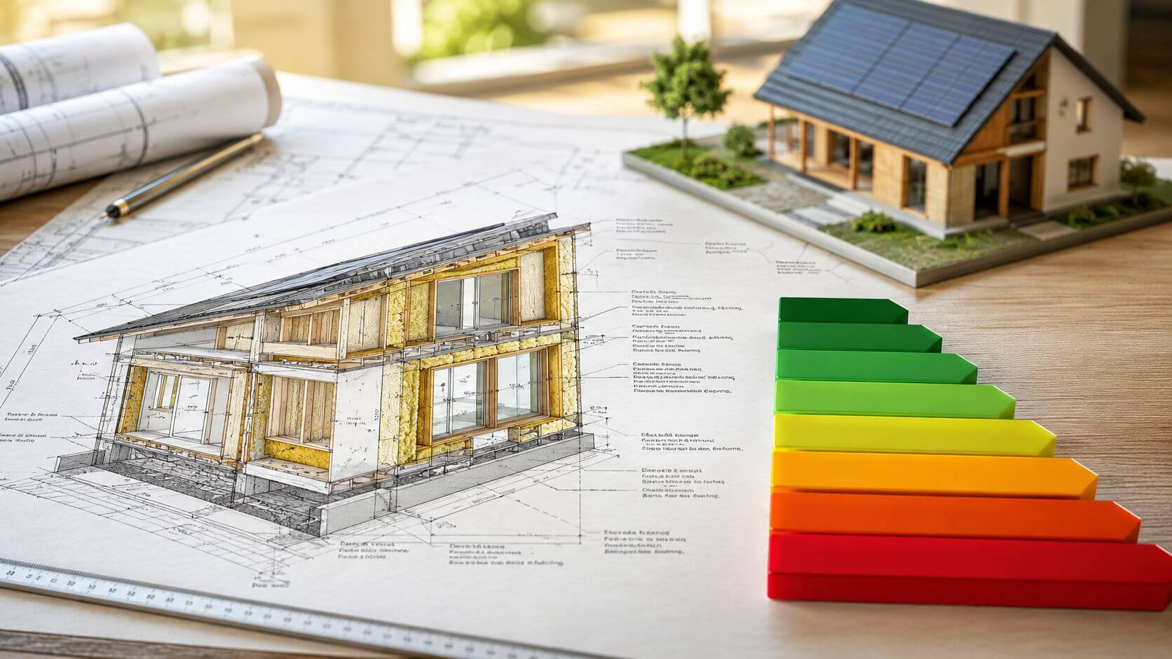 Certificados Energéticos | Acta de replanteo: Clave para tu construcción en Valencia Planos arquitectónicos de una casa con una maqueta y una escala de eficiencia energética en la mesa.