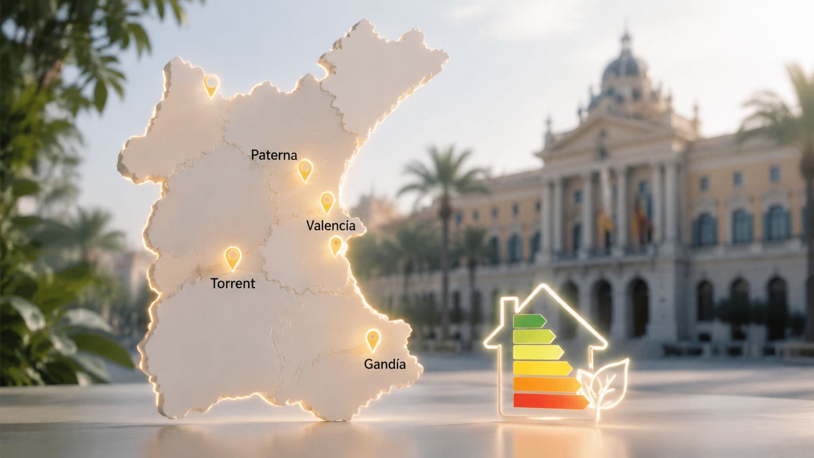Certificados Energéticos | Copia simple del registro de la propiedad: Tu guía 2026 Mapa detallado con ciudades de Valencia resaltadas y un icono de certificación energética de viviendas sostenible.