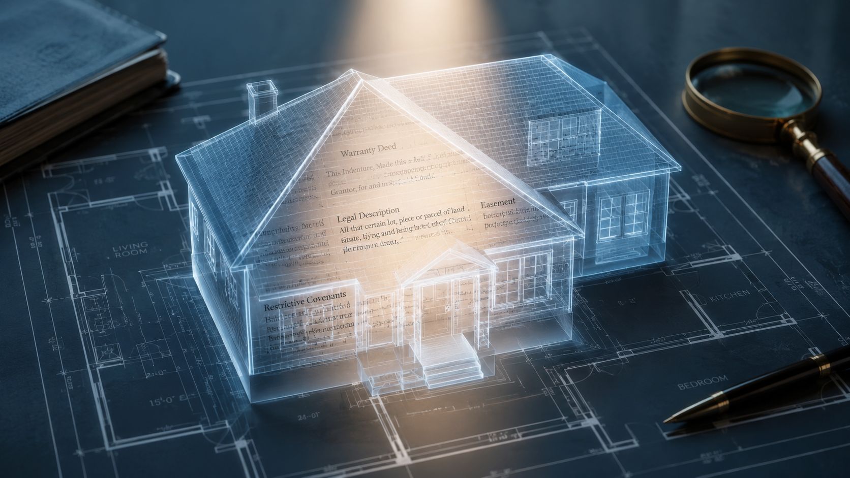 Certificados Energéticos | Copia simple del registro de la propiedad: Tu guía 2026 Representación holográfica de una casa sobre planos arquitectónicos junto a documentos legales y herramientas de escritura.