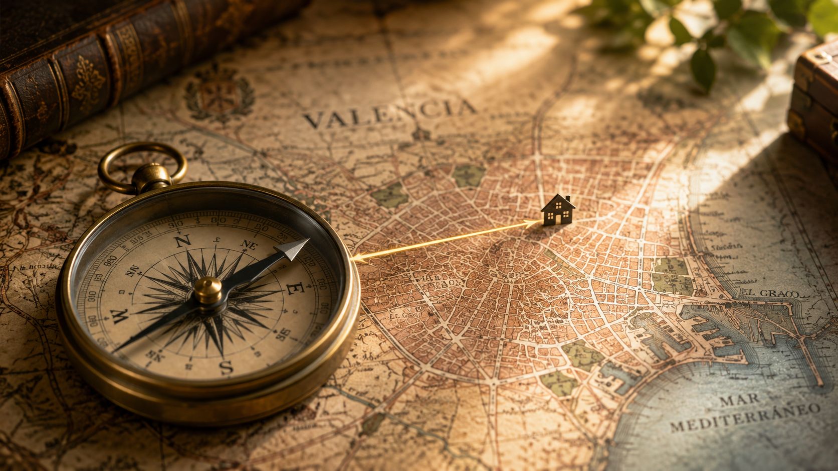 Certificados Energéticos | Copia simple del registro de la propiedad: Tu guía 2026 Una brújula antigua sobre un mapa de Valencia que señala una pequeña casa miniatura con una flecha.