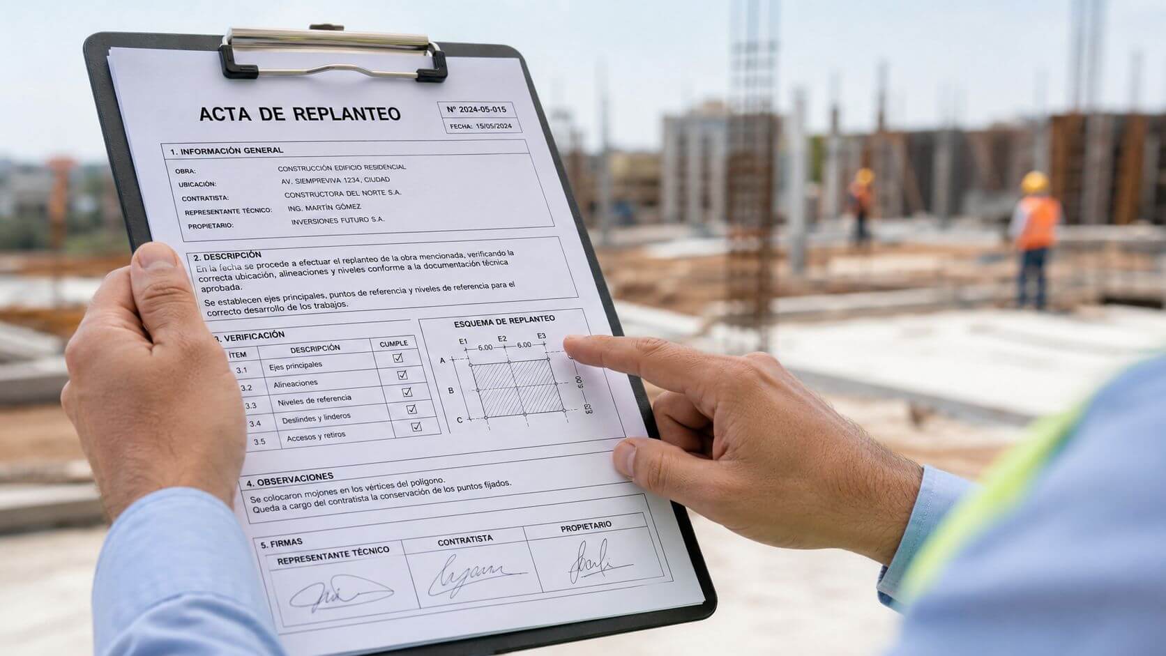 Certificados Energéticos | Acta de replanteo: Clave para tu construcción en Valencia Un ingeniero revisa un acta de replanteo en una obra de construcción con trabajadores al fondo.