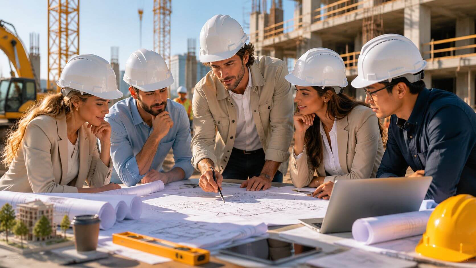 Certificados Energéticos | Dirección de obra en Valencia: Guía completa 2026 Un grupo de arquitectos e ingenieros revisando planos en una obra de construcción bajo un cielo despejado.