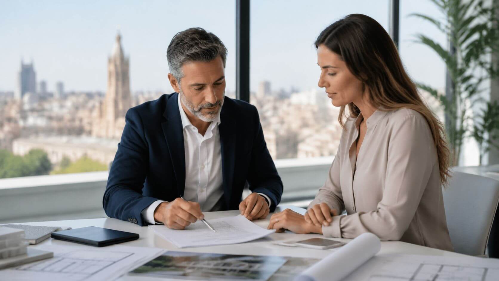 Certificados Energéticos | Dirección de obra en Valencia: Guía completa 2026 Arquitecto y cliente revisando planos y documentos en una oficina moderna con vista a la ciudad.