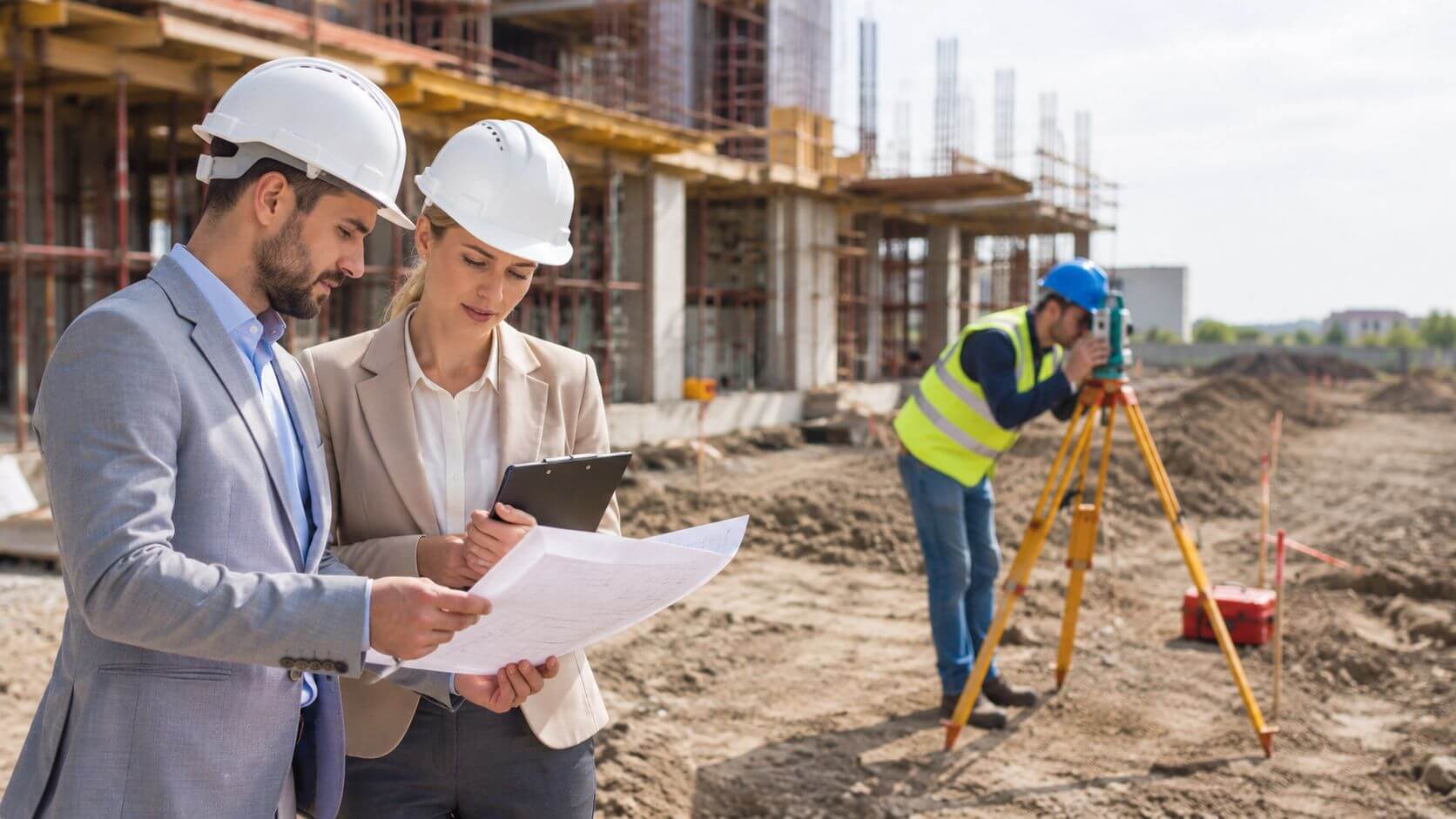 Certificados Energéticos | Acta de replanteo: Clave para tu construcción en Valencia Arquitectos con cascos blancos revisan planos en una obra de construcción mientras un topógrafo trabaja detrás.