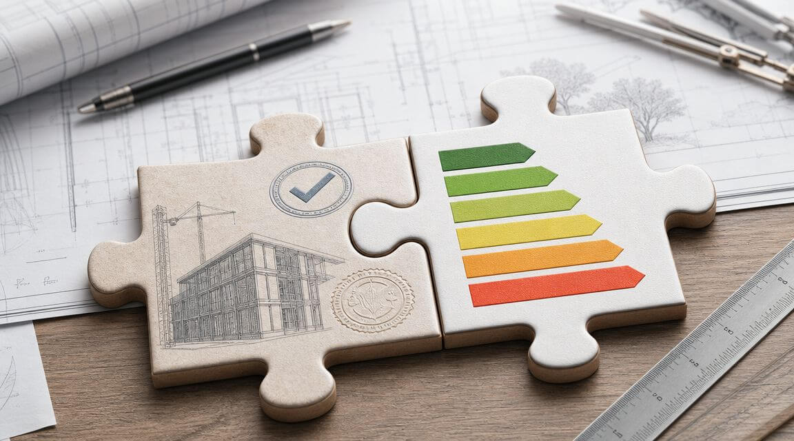 Certificados Energéticos | Certificado de idoneidad en Valencia: Guía y relación CEE Dos piezas de rompecabezas sobre planos arquitectónicos representando la construcción sostenible y la certificación de eficiencia energética.