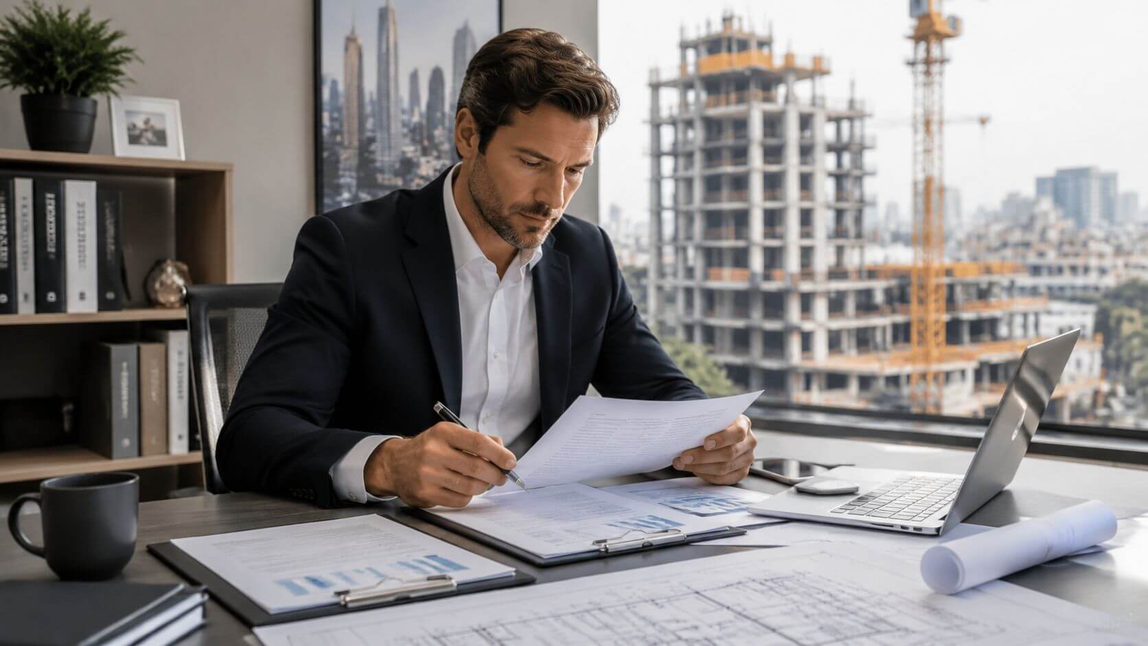 Certificados Energéticos | Que es el Seguro Decenal en Valencia: Guía esencial 2026 Arquitecto analizando documentos técnicos y planos de construcción en una oficina moderna con vistas a una obra.