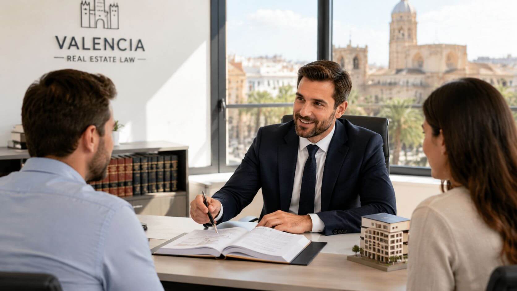 Certificados Energéticos | Abogado Inmobiliario Valencia: Guía completa 2026 Un abogado inmobiliario en Valencia asesora a una pareja en su oficina con vistas a la ciudad.