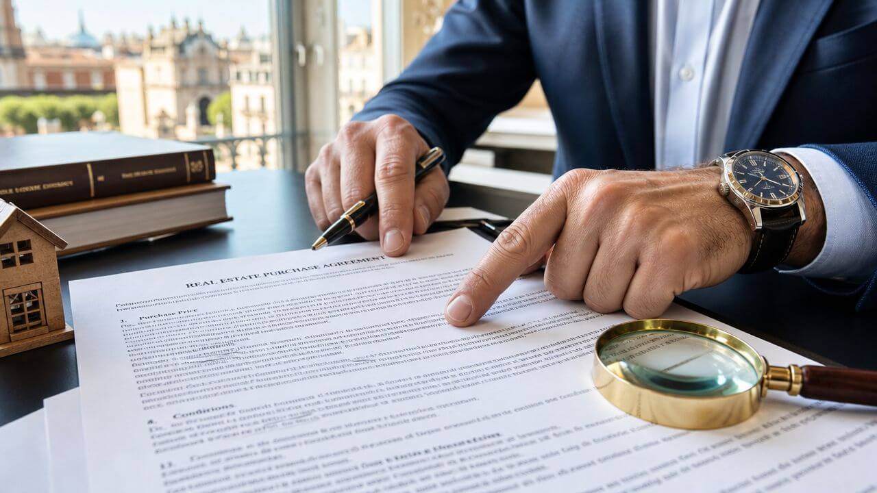 Certificados Energéticos | Abogado Inmobiliario Valencia: Guía completa 2026 Un abogado inmobiliario señalando un contrato de compraventa con un bolígrafo y una lupa sobre la mesa.