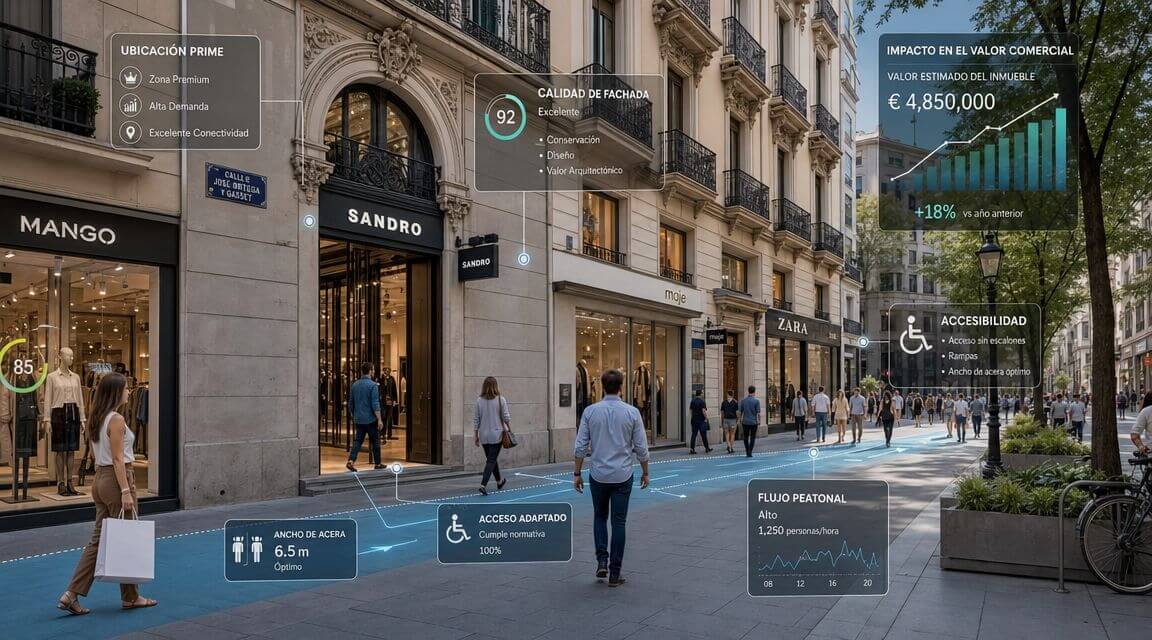 Certificados Energéticos | Guía 2026: Tasación de locales comerciales en Valencia Visualización digital superpuesta sobre una calle comercial con tiendas, analizando el valor, tráfico y accesibilidad del local.