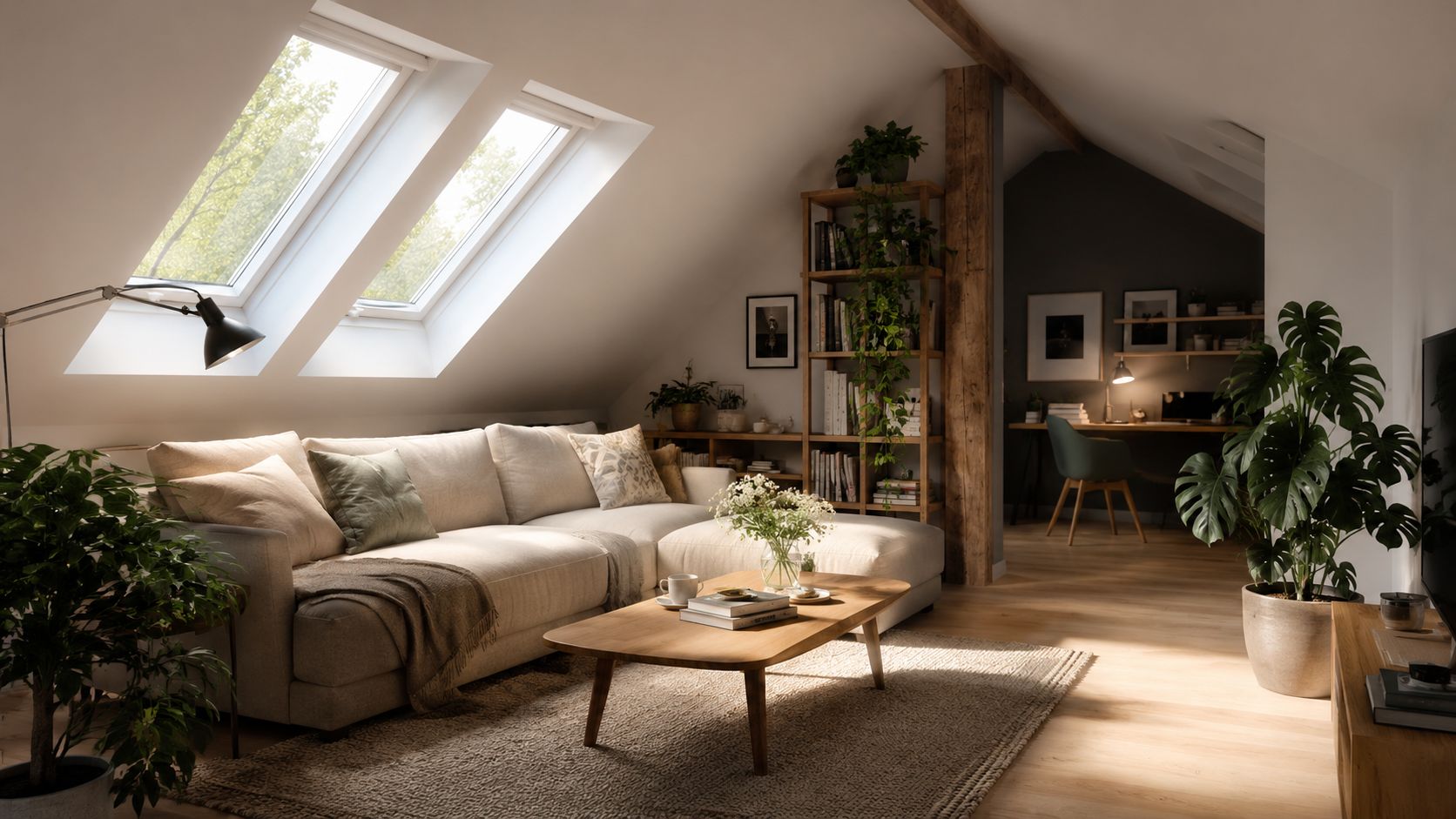 Certificados Energéticos | Ventanas Velux: Precios y montaje en Valencia 2026 Una acogedora sala de estar en el ático con sofás cómodos, plantas verdes y ventanas de tejado inclinadas.