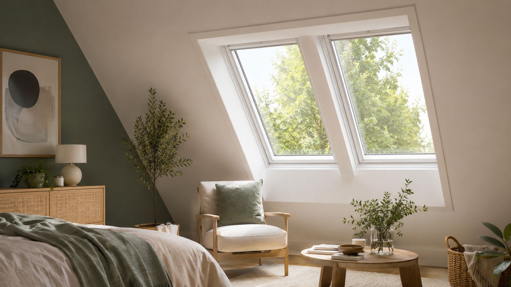Certificados Energéticos | Ventanas Velux: Precios y montaje en Valencia 2026 Dormitorio acogedor con ventanas de techo Velux que iluminan un cómodo sillón y una decoración minimalista.