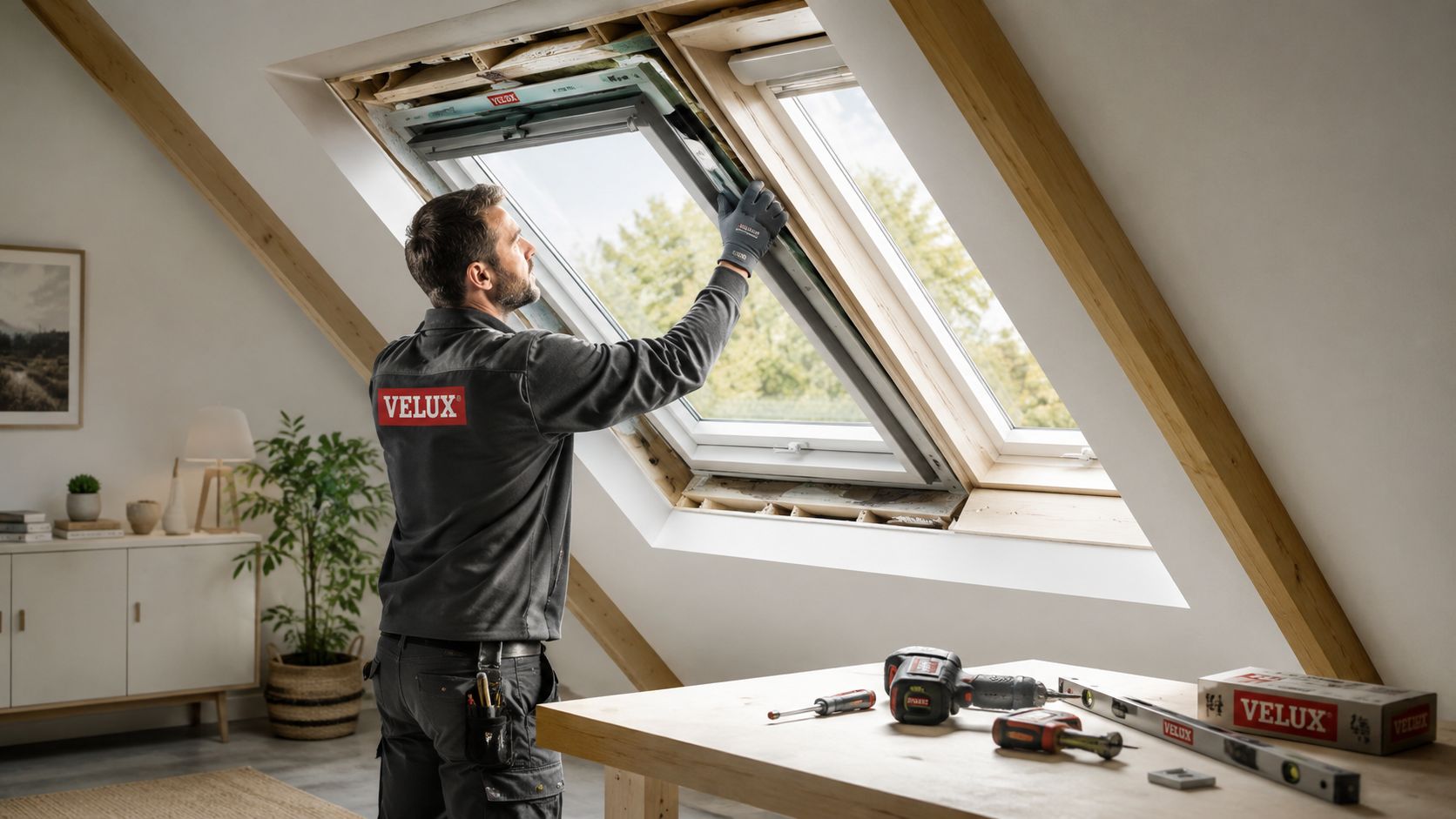 Certificados Energéticos | Ventanas Velux: Precios y montaje en Valencia 2026 Un técnico instalando profesionalmente una ventana de tejado Velux en una buhardilla luminosa y moderna.